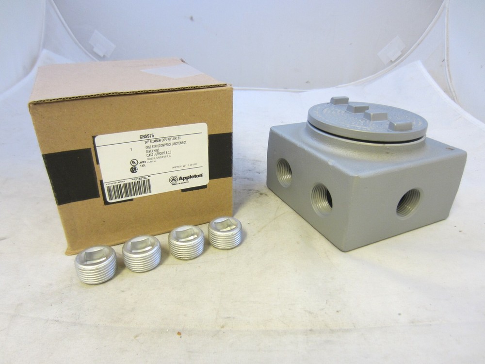 APPLETON GRSS75 3/4" EXPLOSION PROOF JUNCTION BOX 7 HUBS 4 PLUGS