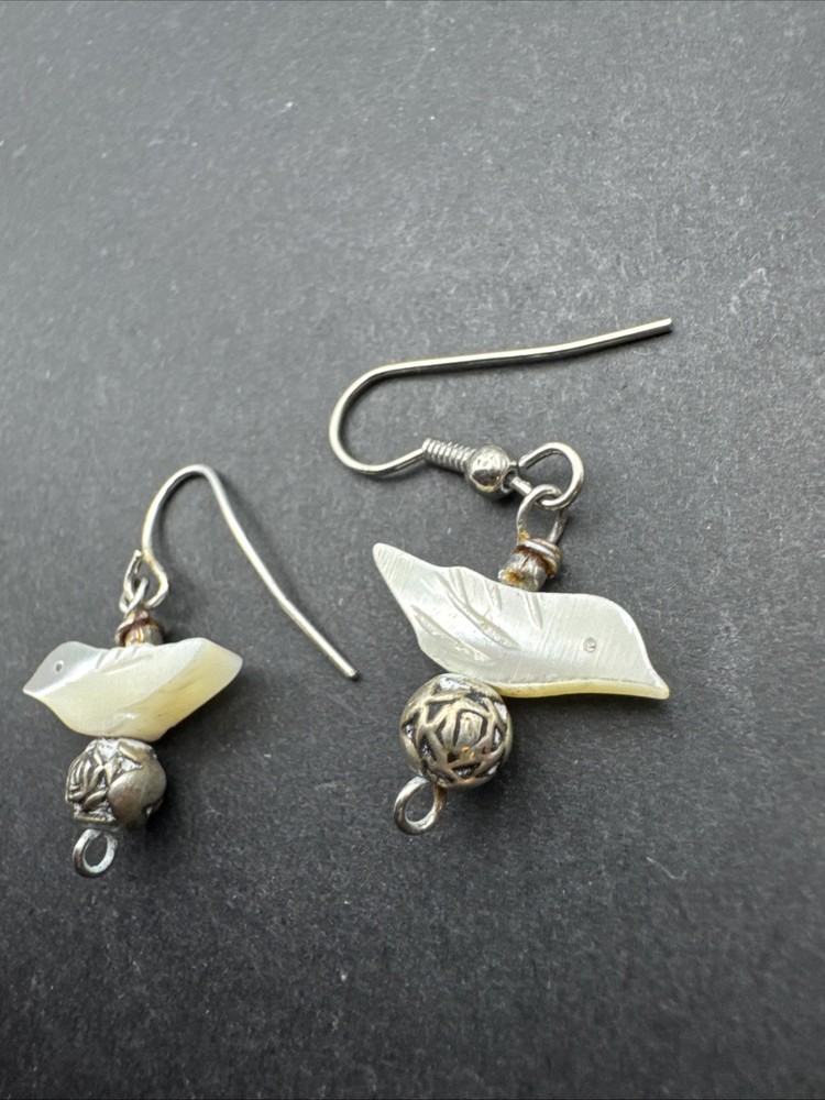 Native Inspired Dangle Drop MOP Bird 1” Earrings Silver Tone