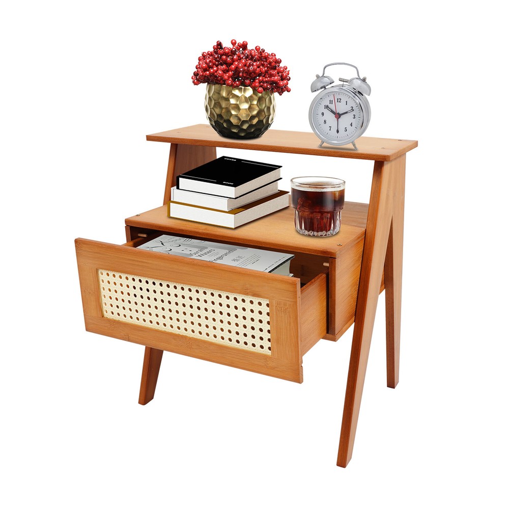 Bamboo Bedside Table, Trapezoidal Sofa Side Table, Bedside Table with Drawer