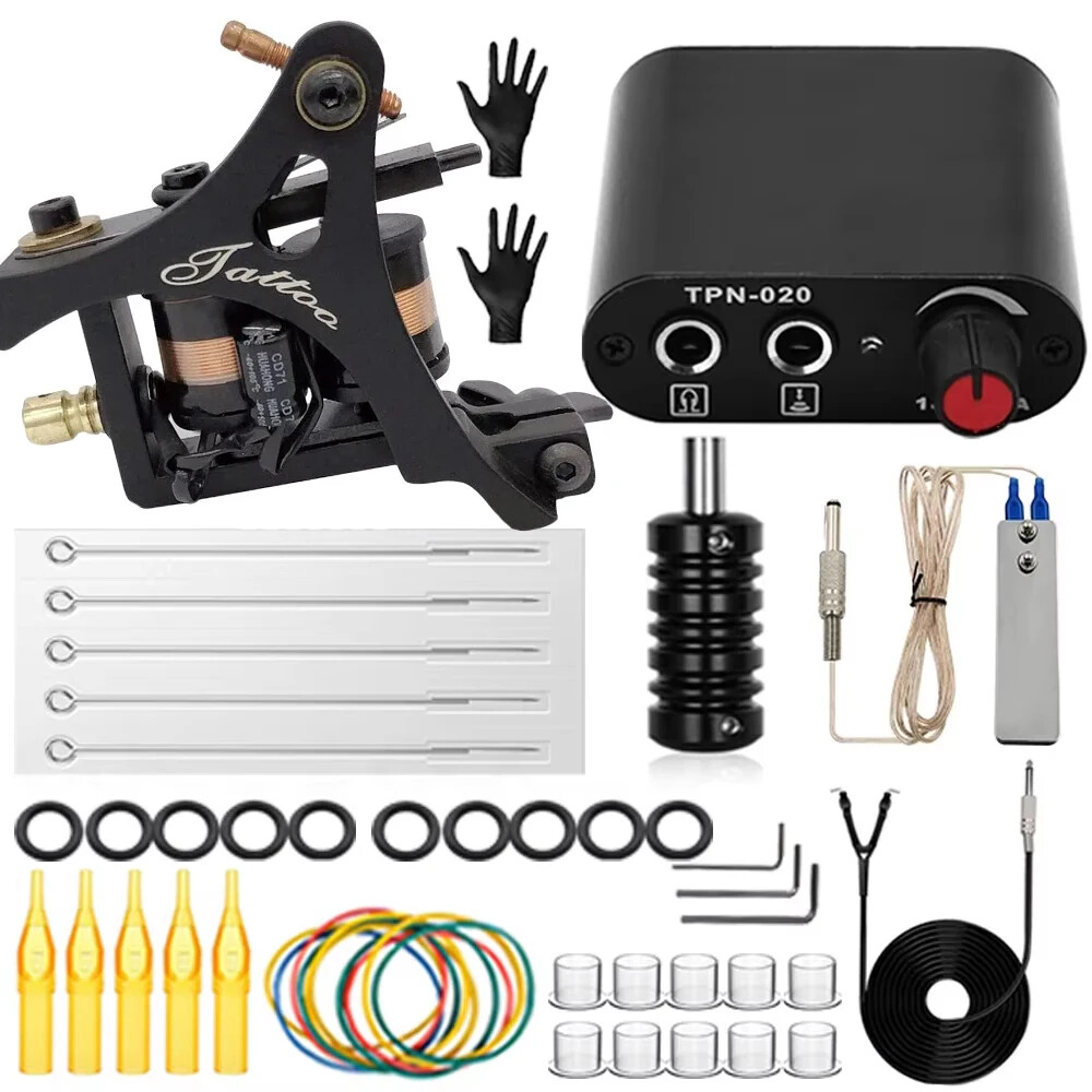 Complete Tattoo Machine Set Power with Coil Machine Needles Ink Accessories Set