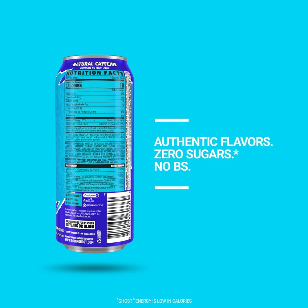 GHOST Energy Drink Blue Raspberry, 16oz Cans (Pack of 12)