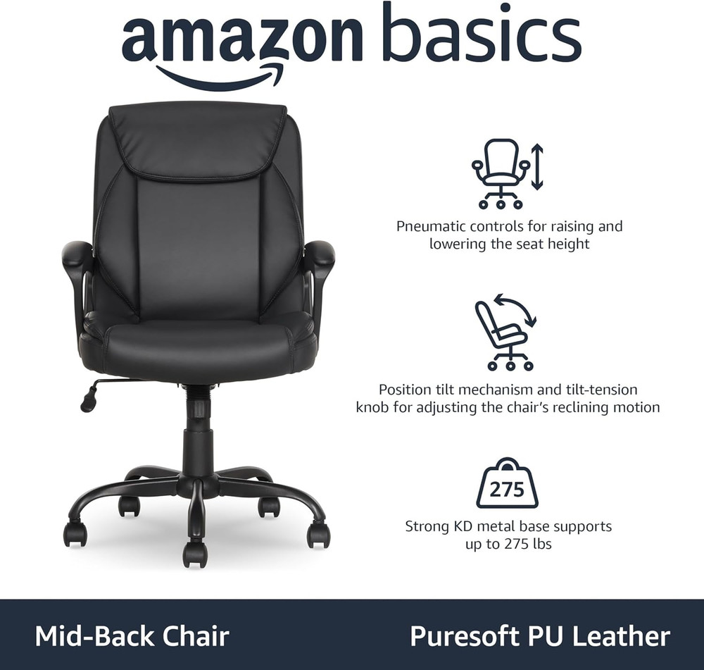 Classic Puresoft PU Padded Mid-Back Office Desk Chair with Armrest, Easy Assembl
