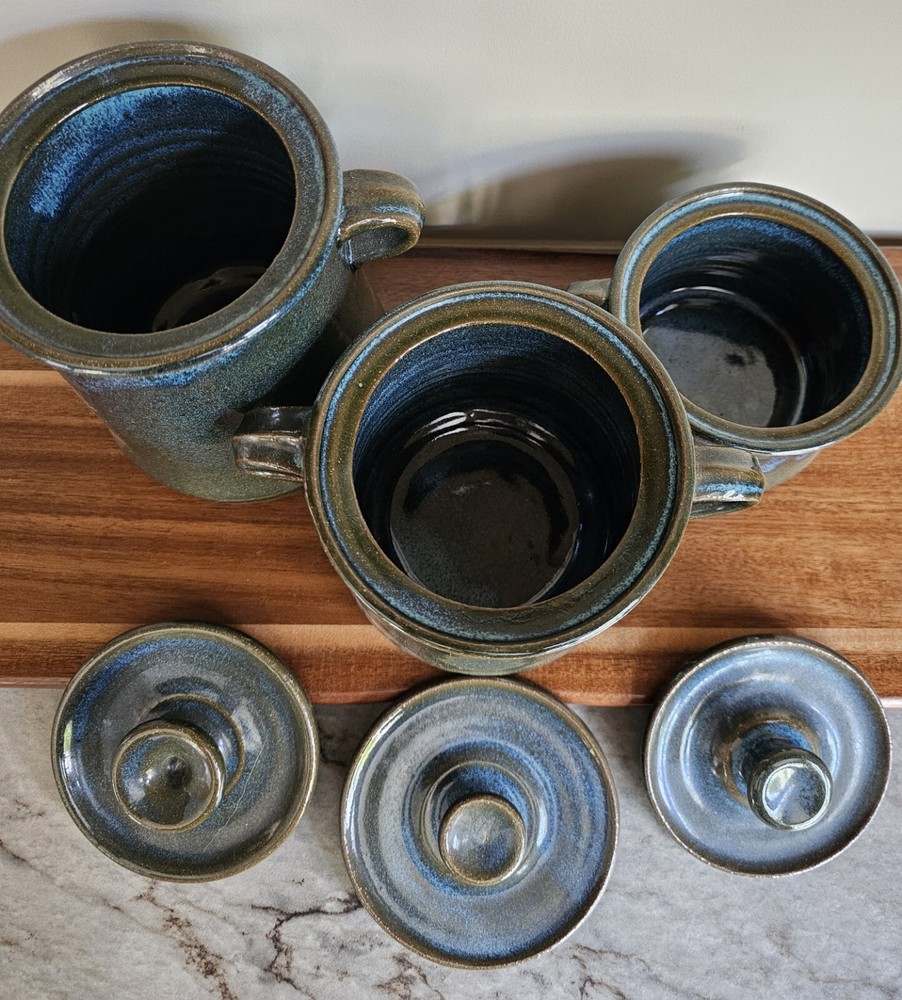 Scull Handmade Pottery 3 Canisters Green Jar Storage Unique