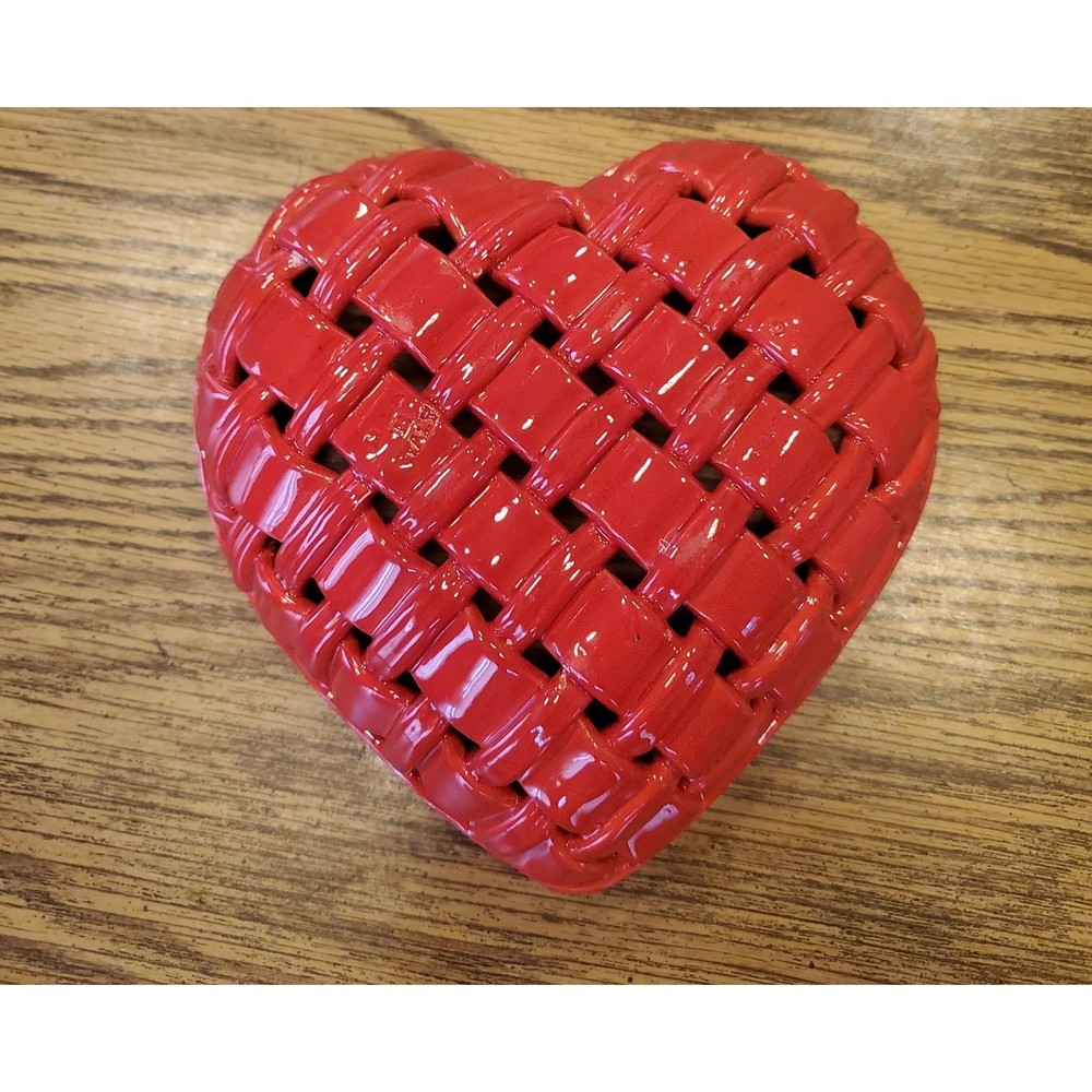 Red Heart Ceramic Woven Basket Dish Bowl