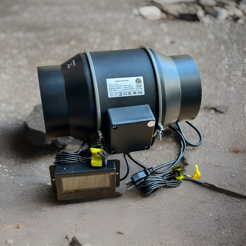 Quiet 6” Exhaust Inline Duct Fan 350 CFM w/Program Temp Humidity Speed Control