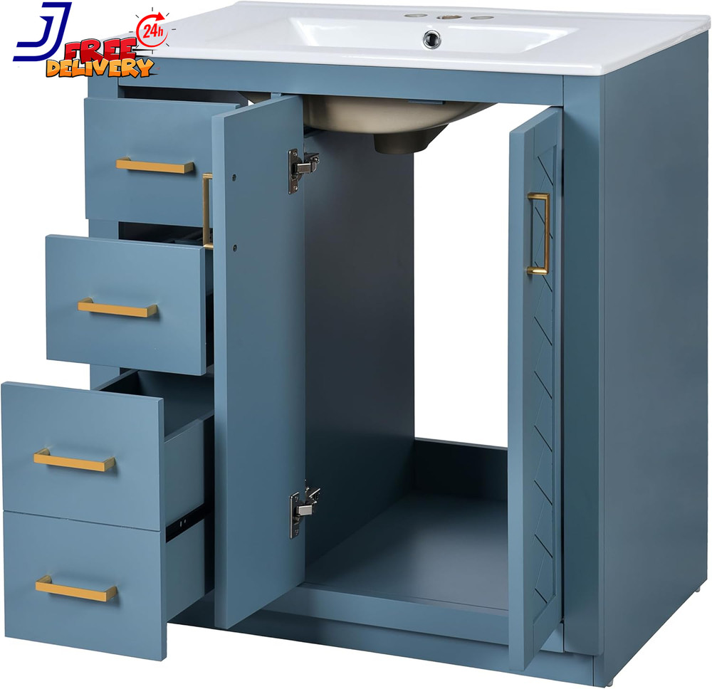30'' Bathroom Vanity with Ceramic Sink Combo Solid Wood Frame Bathroom Storage