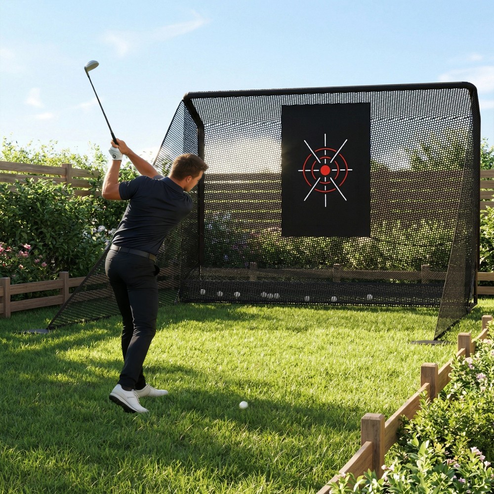 Golf Practice Net 10x7ft, Auto Ball Return Enclosure with Side Barriers Black
