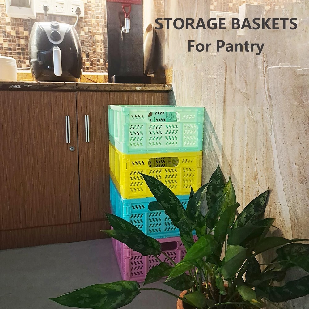 PTEREIW 20L Folding Crate, 4Pack Plastic Storage Baskets MIX COLOR-4PACK