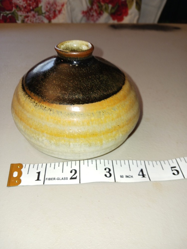 Primitive squashed glazed pottery, fat short, KS on bottom, jug farmhouse,, used