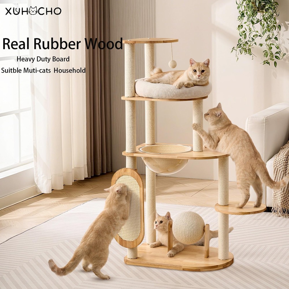 Modern Cat Tree with Scratching Post, Solid Wood Cat Tree Tower for Indoor Ca...