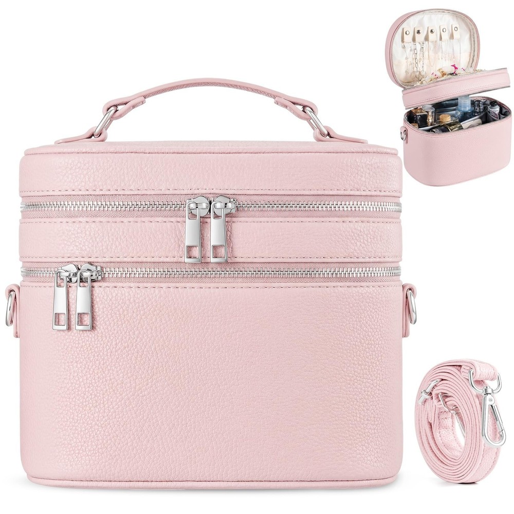 Leather Makeup Bag Organizer Double Layer Vanity Bag Large Capacity with Comp...