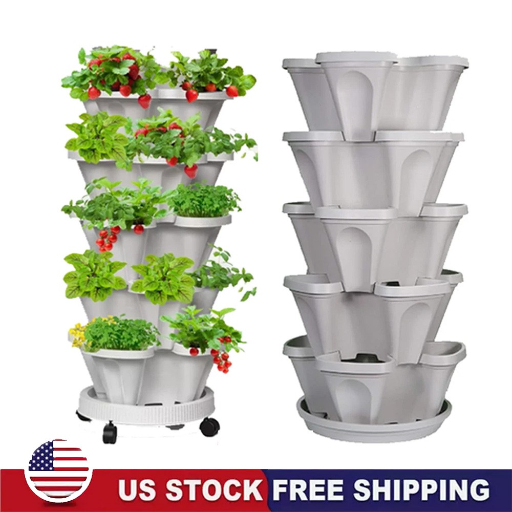 Vertical Planter 5 Tier Stackable Planters with Wheels & Tools Garden Tower Pot