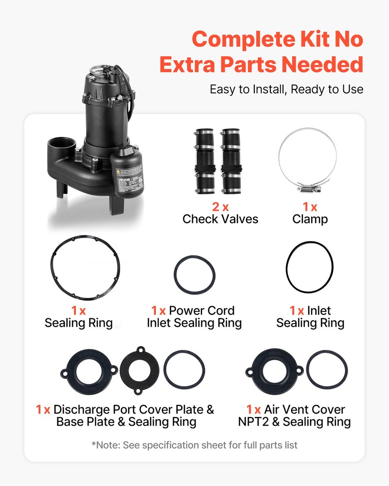 VEVOR Sewage Pump System 1/2 HP 4800 GPH Cast Iron Pump with Basin Float Switch