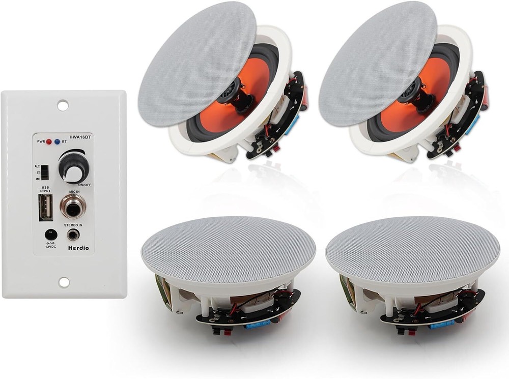 4* Herdio 2-Way Bluetooth Ceiling Speakers + in Wall Amplifier Receiver 3 Sizes