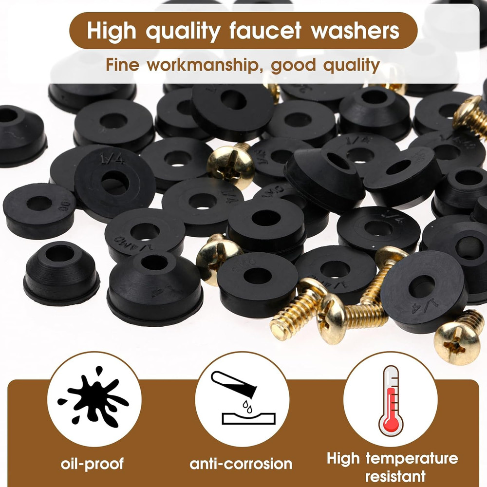 Rubber Washers Repair Kit - 116 Pcs Assorted Flat & Beveled Washers, Brass Bibb