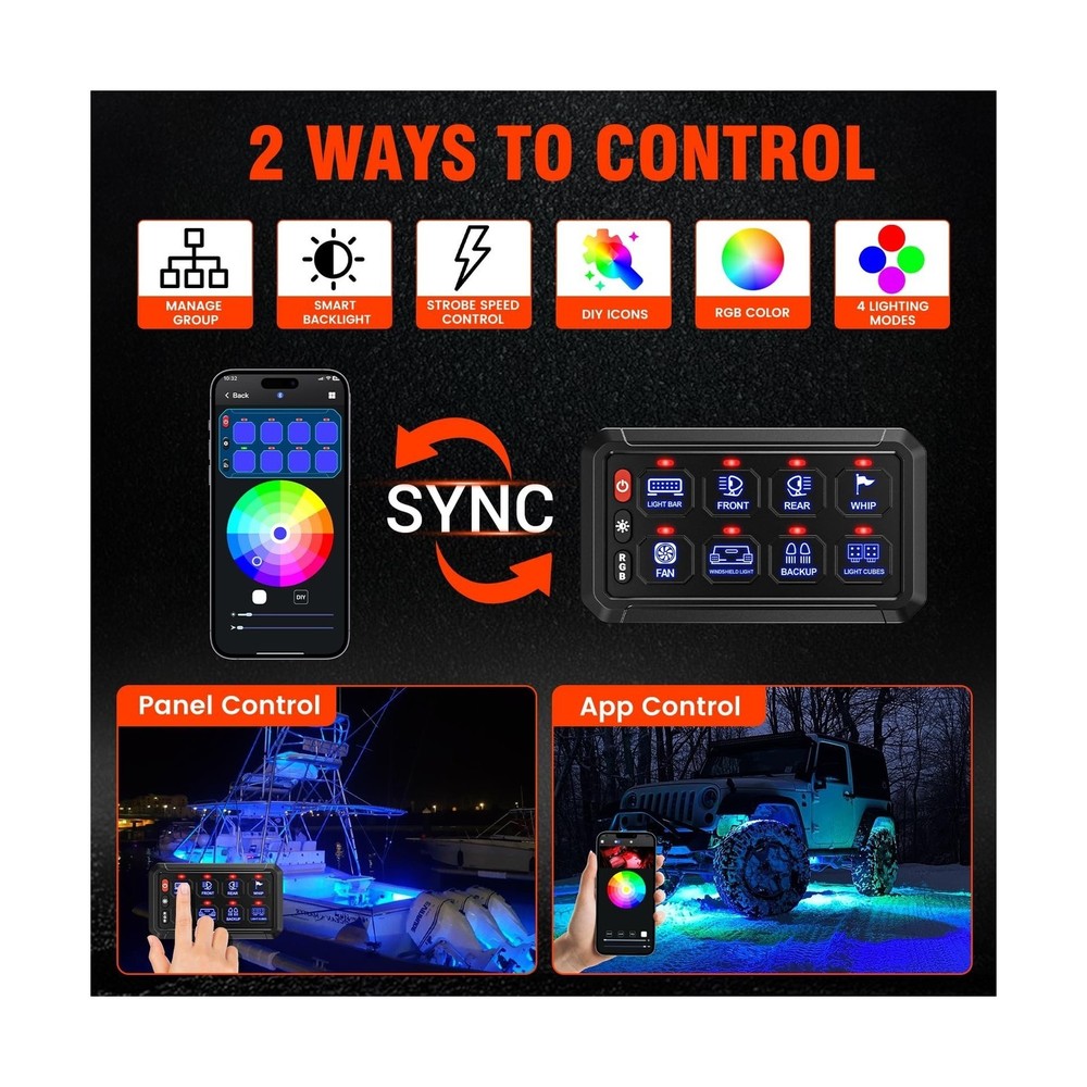 SUPAREE 8 Gang Bluetooth RGB Switch Panel,Toggle Momentary Flash Strobe Memor...