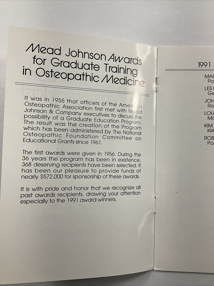 1991 National Osteopathic Foundation Mead Johnson Awards Breakfast Program Menu