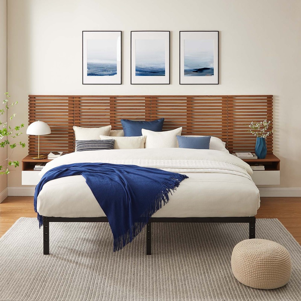 Modway Render Wall Mount King Headboard and Modern Nightstands in Walnut