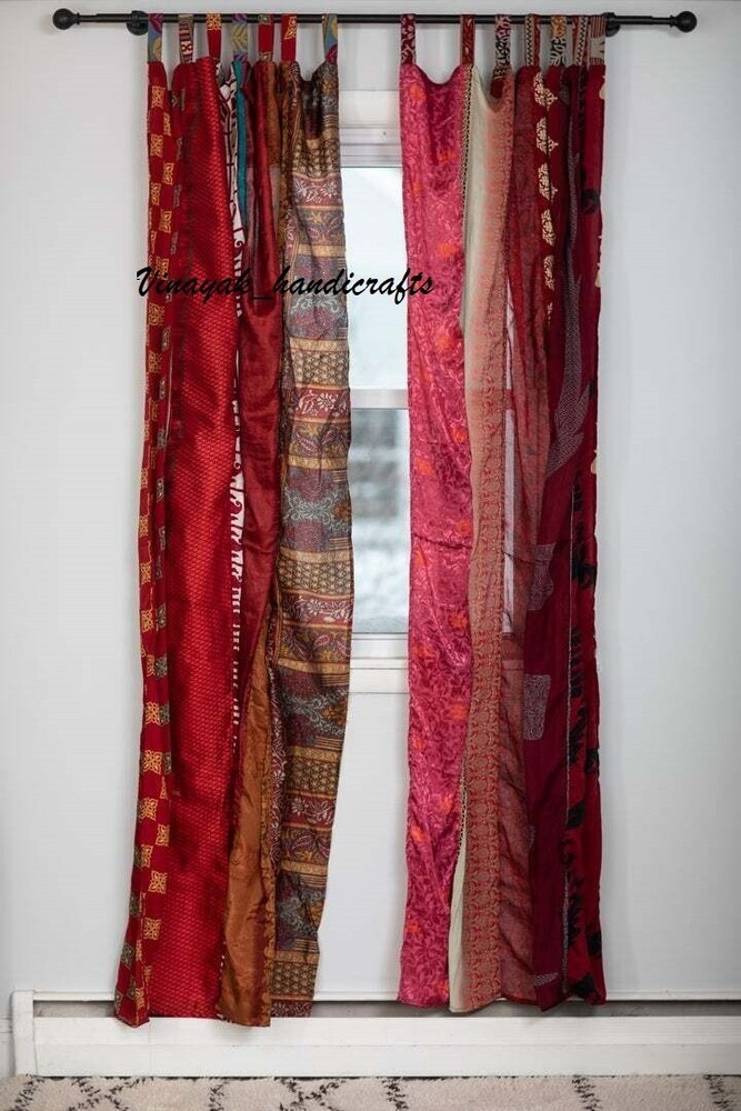 Indian Sari Patchwork Curtain Drape Handmade Window Decor Silk Sari Boho Curtain