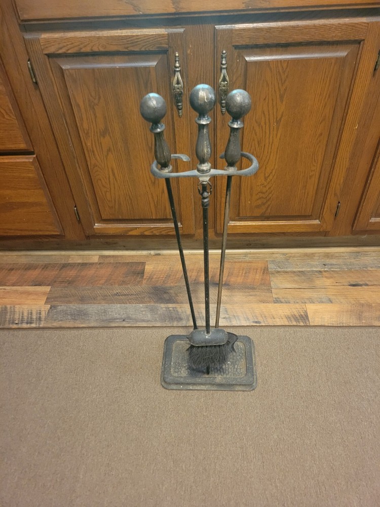 Vintage Antique Solid Brass Hand Forged Fireplace 3 Tools with Stand Set