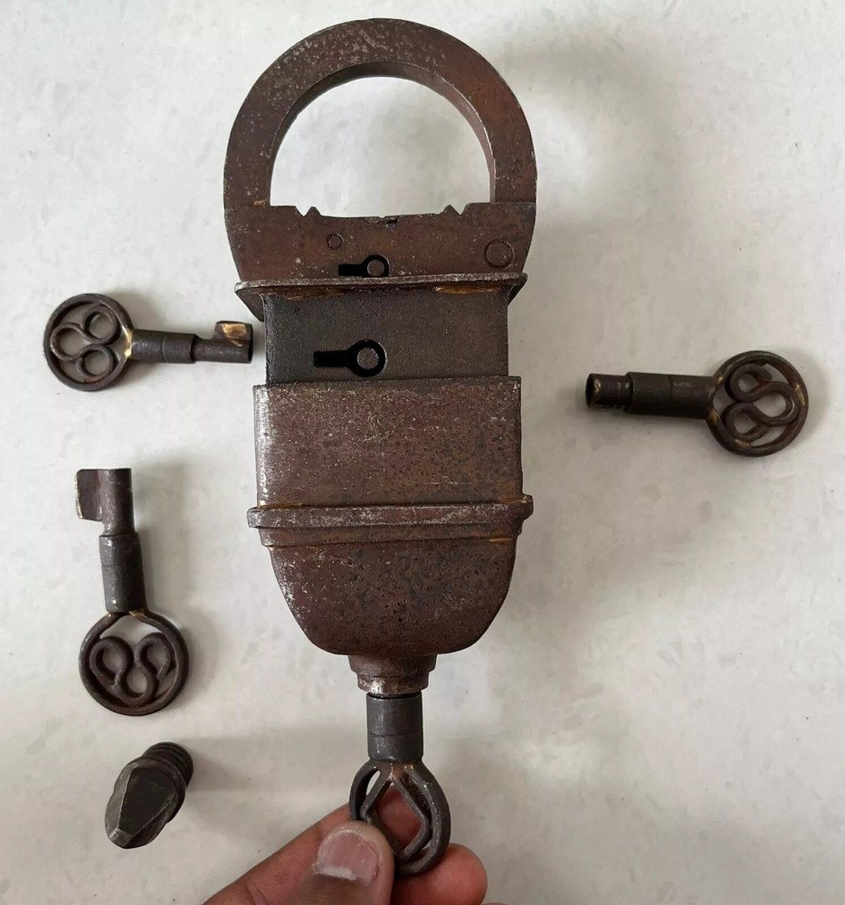 Vintage Iron Handcrafted Unique Shape Solid Heavy 4 Key Padlocks