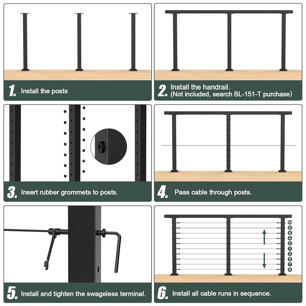 36" Black Stainless Steel Cable Railing Post Kit - Surface Mount System