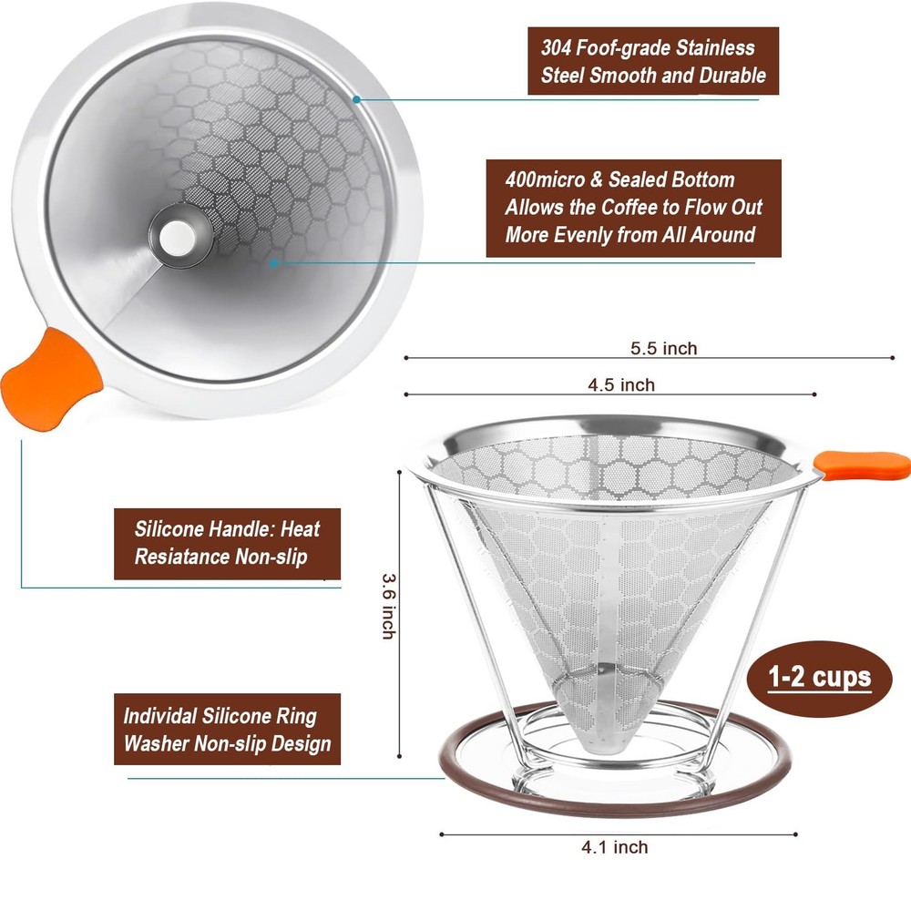 Pour Over Coffee Dripper, Stainless Steel Filter, Average,