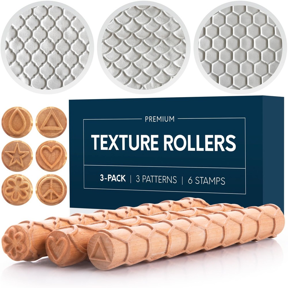 Extra Large Clay Texture Rollers with Pottery Stamps | 3 Texture Rollers | 6 ...