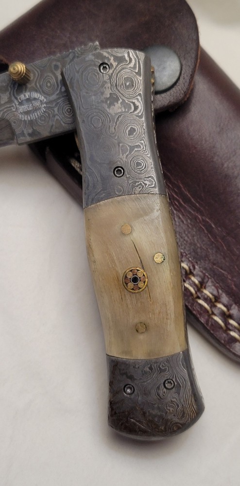 CFK Damascus Pocket Knife Ram Horn Handle