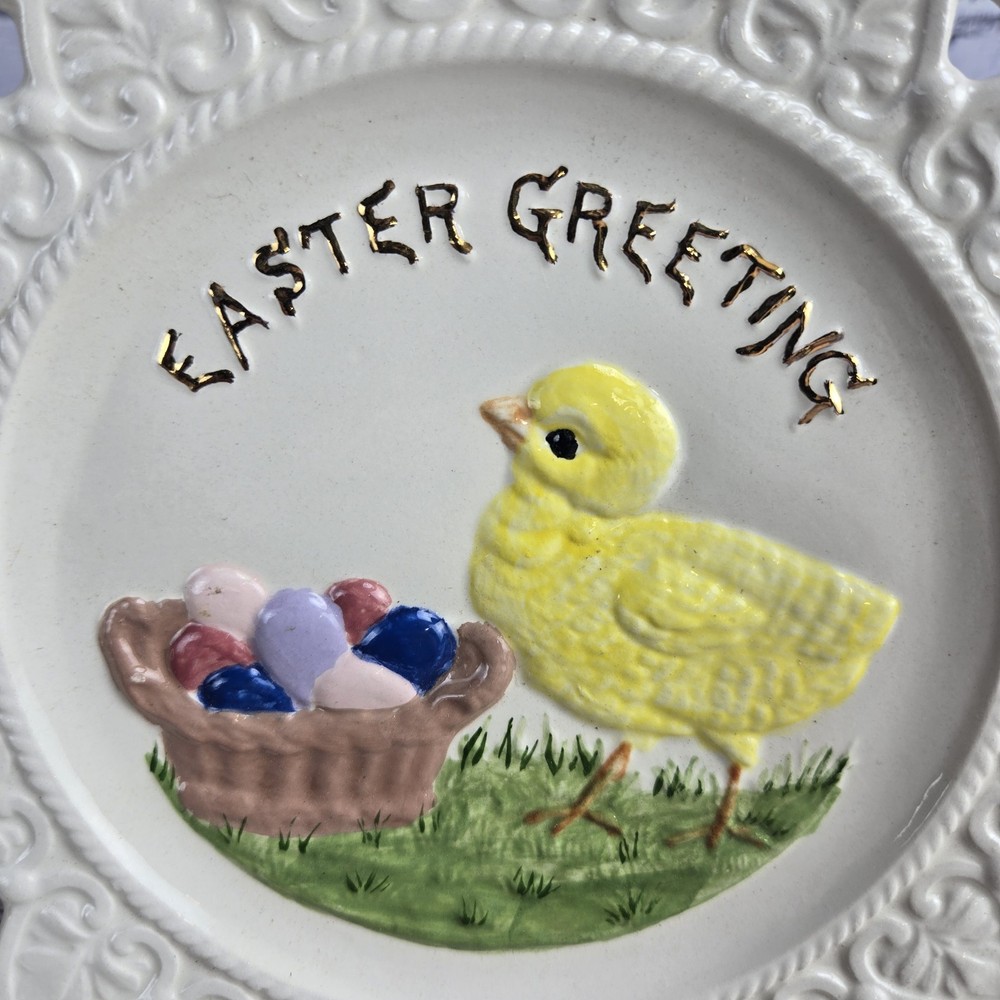 Victorian milk glass Easter plate with chick and eggs.