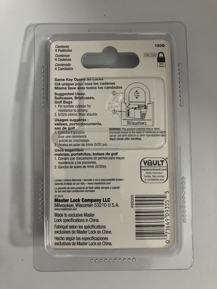 4 pack KA Padlocks Master Lock Body width 3/4" Cabinet Solid Brass 2 keys 120Q