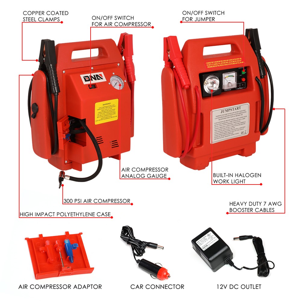 12V 300PSI AIR COMPRESSOR RECHARGEABLE JUMP STARTER BATTERY PACK+EMERGENCY LIGHT