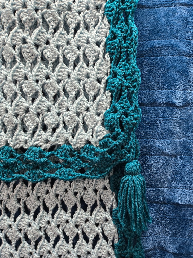 Crocheted Afghan Table Runner Handmade Dark & Light Green 19x60