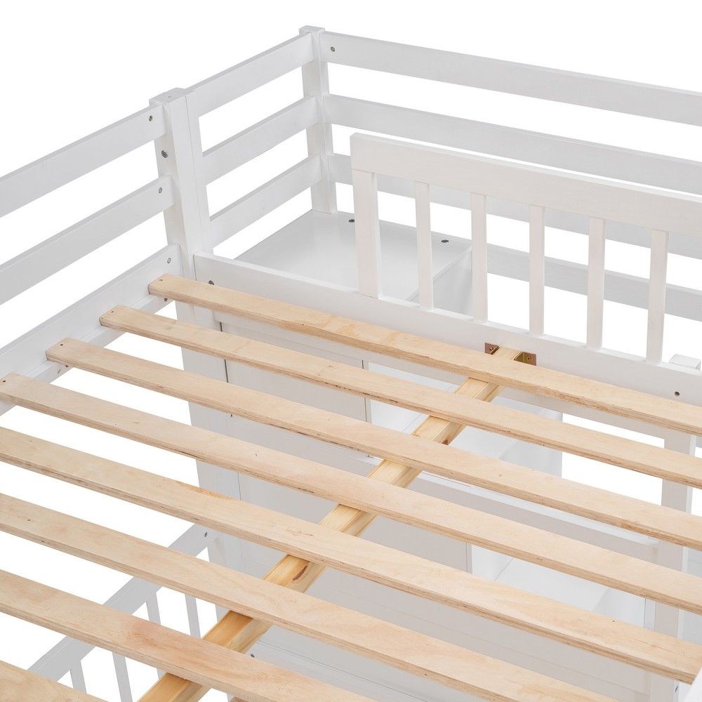 Twin Bunk Bed with Desk, Drawers & Bookcase, White Solid Wood Storage