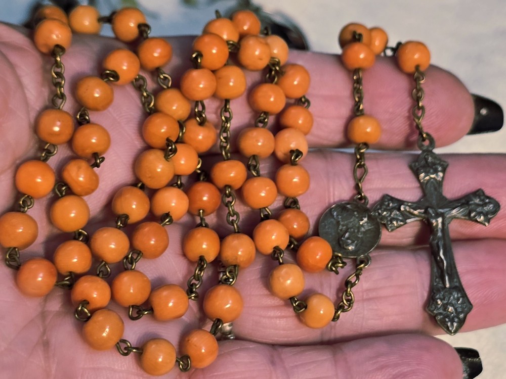 Antique French Rosary Real Angel Skin Coral Beads Silver Catholic Crucifix 22"