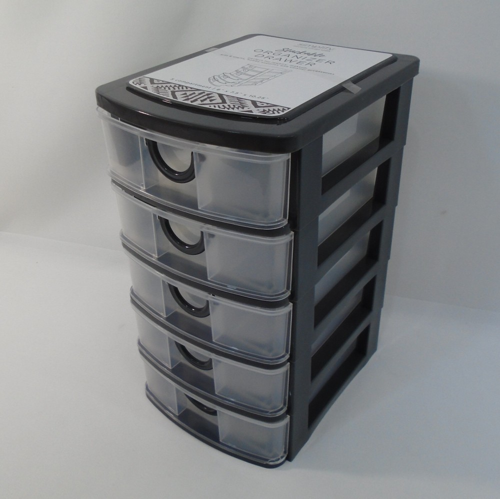 5 Drawer Mini Storage Stackable Desktop Organizer Unit Black / Clear Plastic
