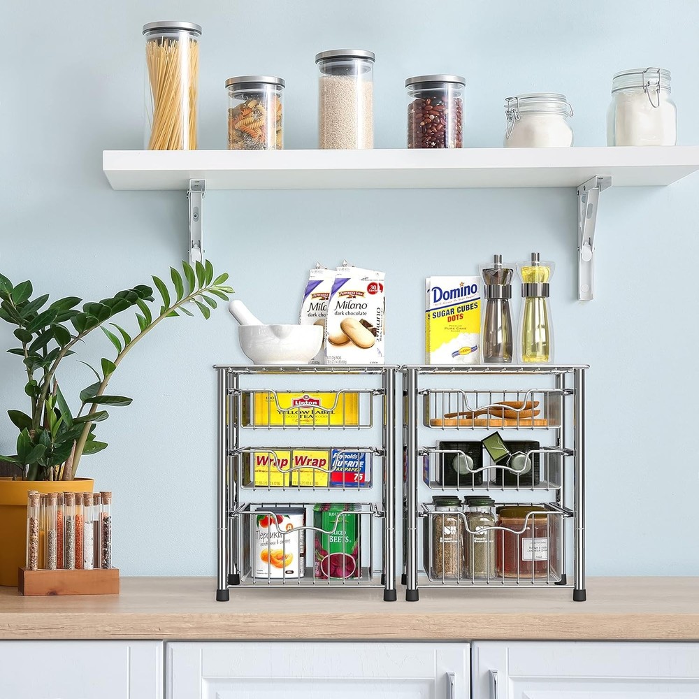 Elegant 3-Tier Chrome Stackable Sliding Basket Organizer for Effortless Storage