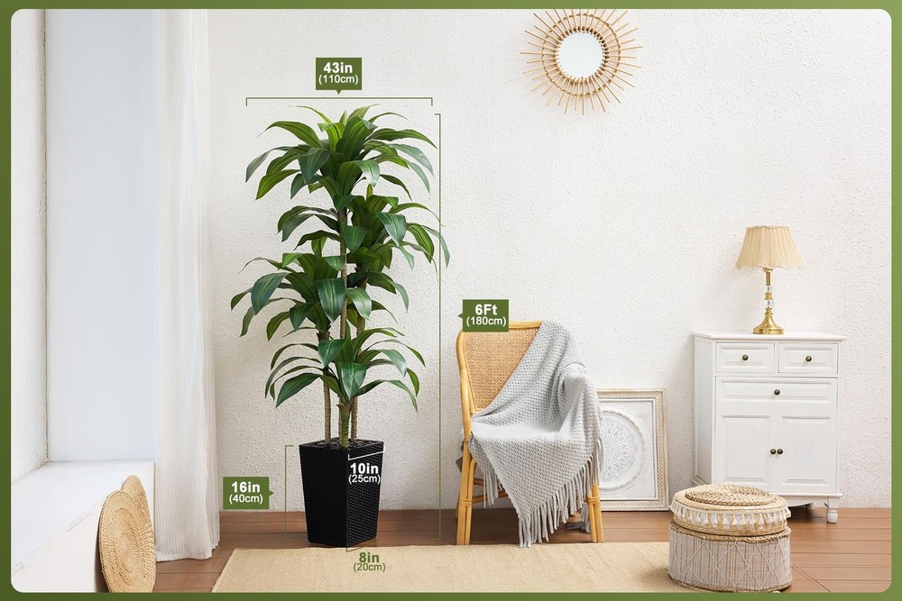 Artificial Dracaena Tree 6FT - Fake Tree with Black Taper Planter & Pebbles -...