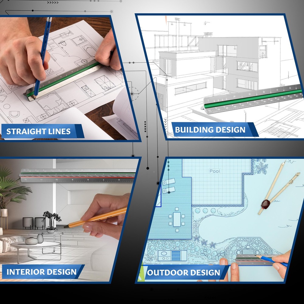 12" Aluminum Architect Scale Ruler Laser Etched Triangle Drafting Ruler, Colo...