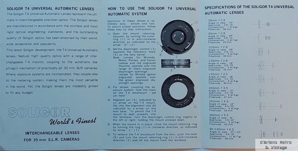 Soligor T4 Universal Automatic Lens System – Original Manual / Instructions