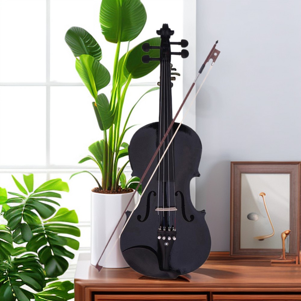 Black 4/4 Full Size Solid Wood Violin Set w/ EQ, Shoulder Rest, Electronic Tuner