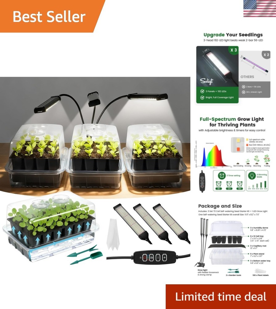 72 Cell Self Watering Seed Starter Trays with Grow Light, 3 Seed Starter Kit ...