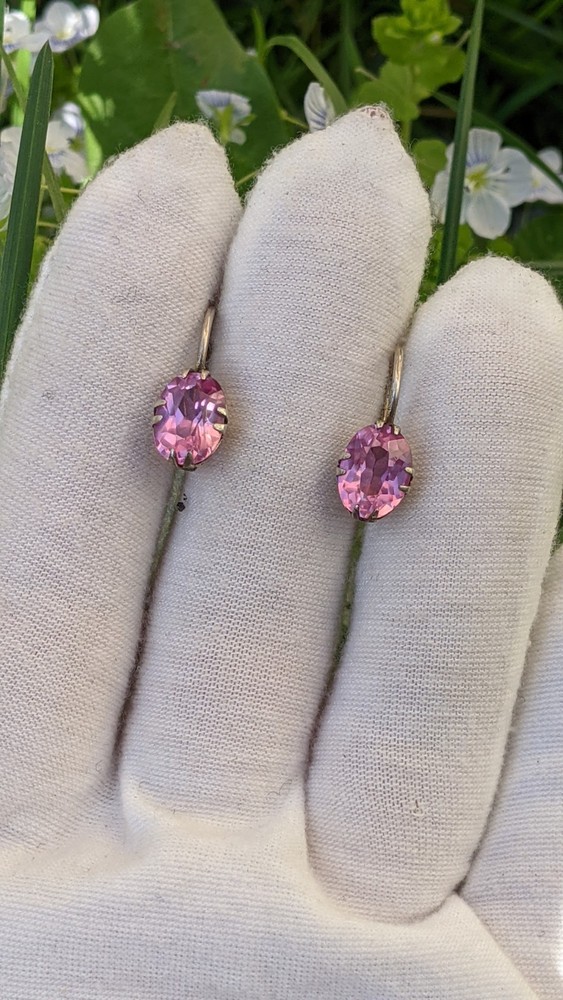 Vintage Soviet 875 Silver Earrings with Pink Ruby Tone Stones