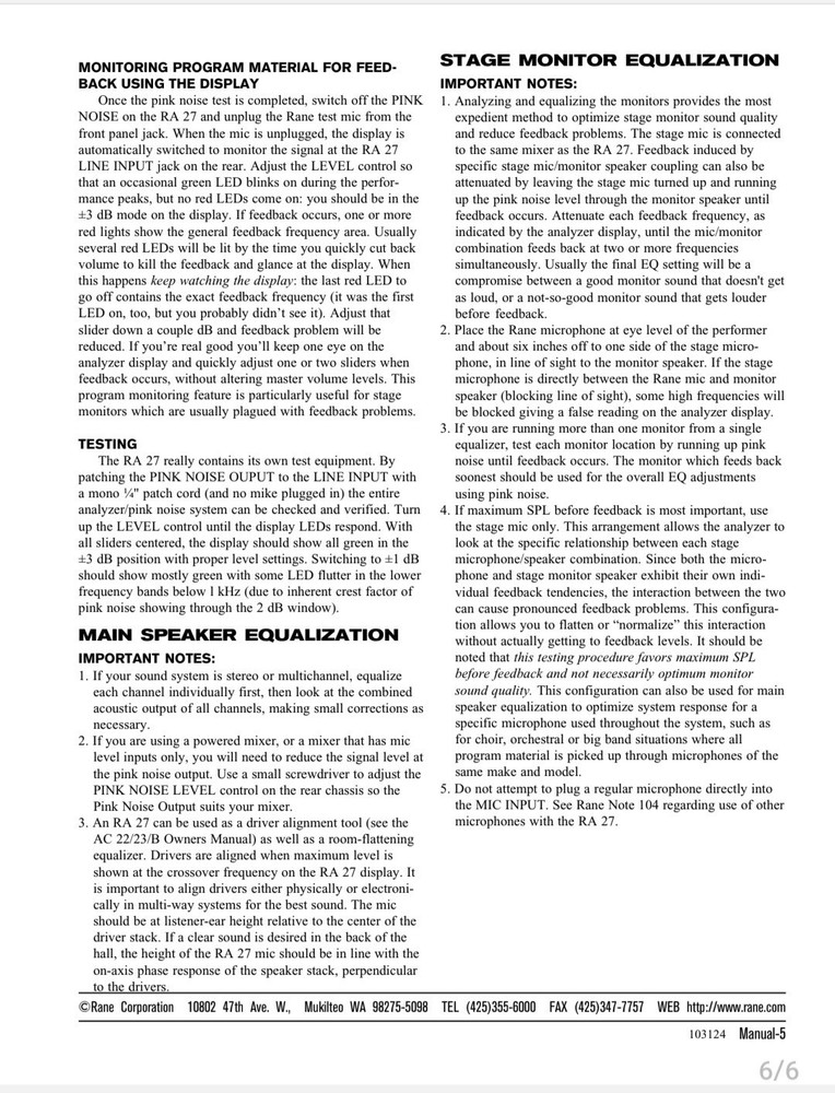 Rane RA 27 Realtime Spectrum Analyzer