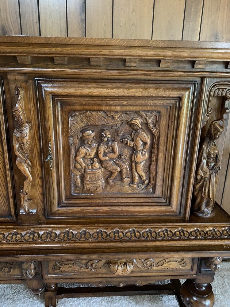 Antique Solid Oak French Gothic sideboard cabinet