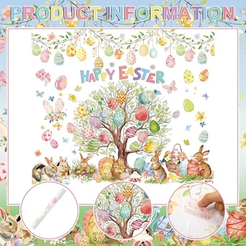 2 Pcs Large Easter Eggs Tree Wall Decals 44 x 32 Happy Rabbit Easter Bunny