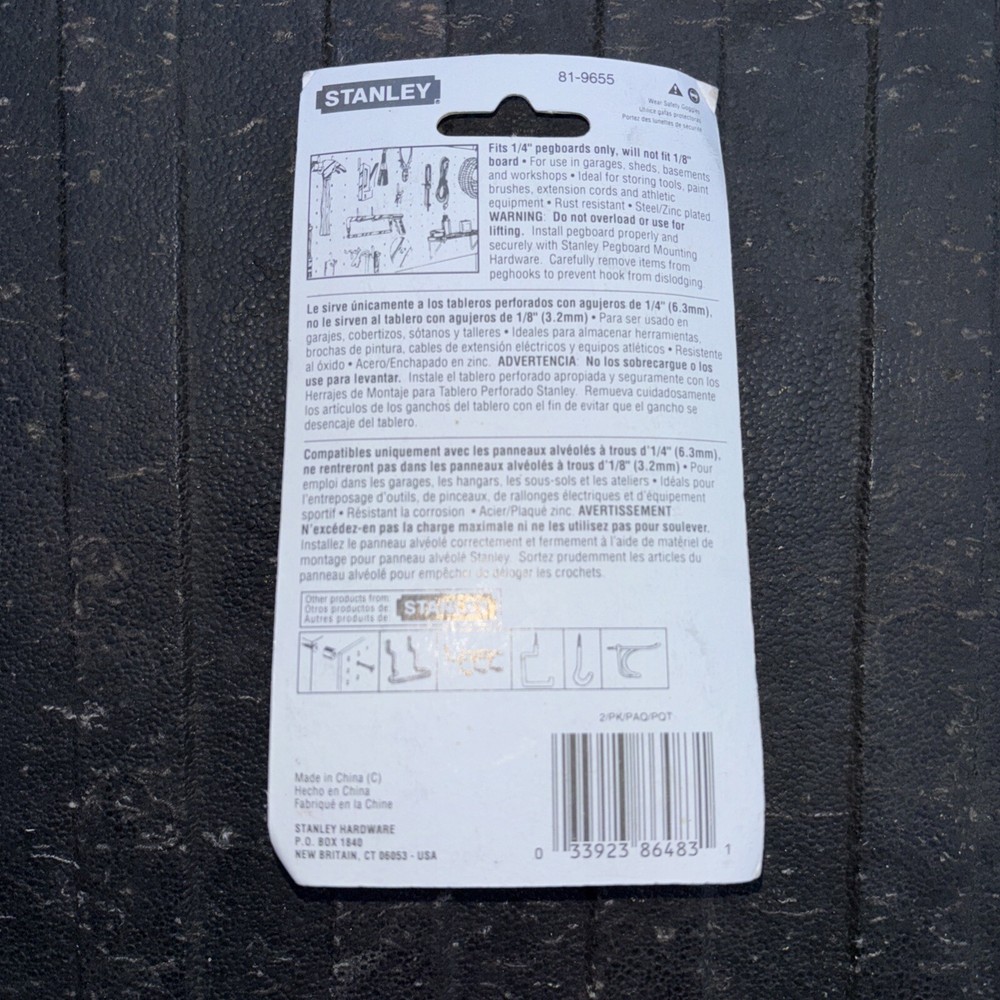 Stanley 3” Double Pegboard Hooks (81-9655) Heavy Duty