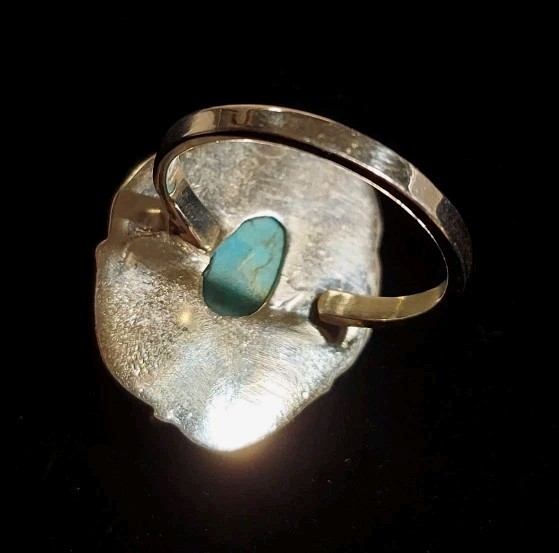 New Sterling Silver & Kingman Turquoise Adjustable Ring with Leaf Design