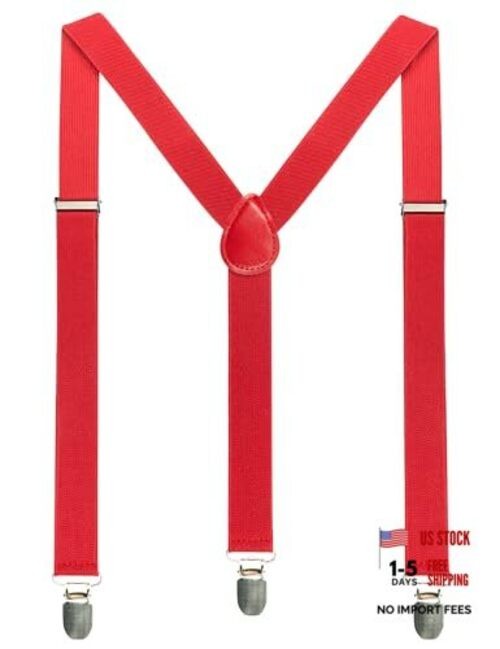 Solid Color Mens Suspender with 3 Strong Clips Adjustable Braces Red