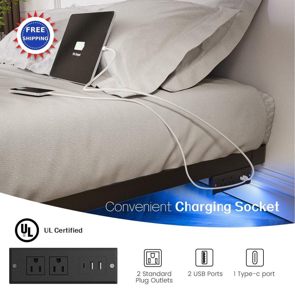 Floating Bed Frame King Size Metal Platform LED Light Charging Station OLEVS